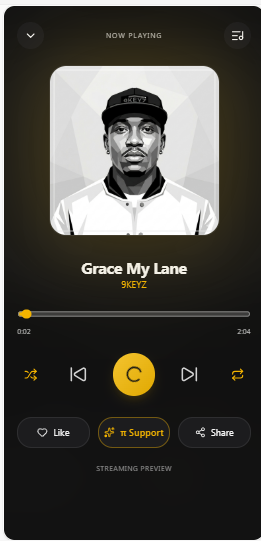KADET ON PI Full Player — Now Playing screen with track Grace My Lane by 9KEYZ